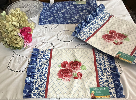 The Pioneer Woman Frontier Rose Reversible Placemats - DISCONTINUED Set of 8 - Blue Floral Ruffle Trim - New with Tags - Poompa Shop